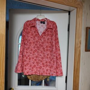 Basic Editions Pink Red Snowflake Long Sleeve Buttondown Shirt Women's 2X